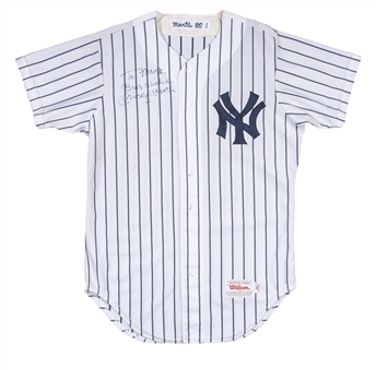 1986 Mickey Mantle Game Used, Signed & Inscribed New York Yankees Home Old Timers Day Jersey Photo Matched To 7/19/1986 (Resolution Photomatching & Beckett)